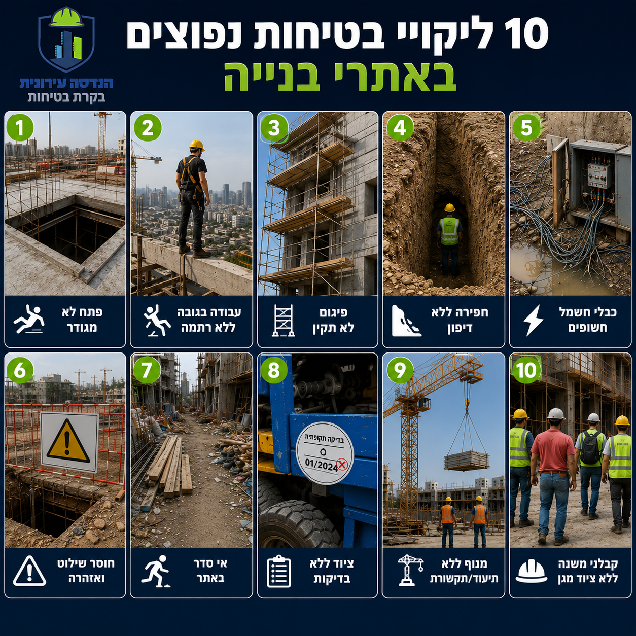 10 ליקויי בטיחות נפוצים באתרי בנייה — גריד של 10 תמונות ממוספרות: פתח לא מגודר, עבודה ללא רתמה, פיגום לא תקין, חפירה ללא דיפון, חשמל חשוף, חוסר שילוט, אי סדר, ציוד ללא בדיקה, מנוף ללא תיעוד, קבלני משנה ללא ציוד מגן