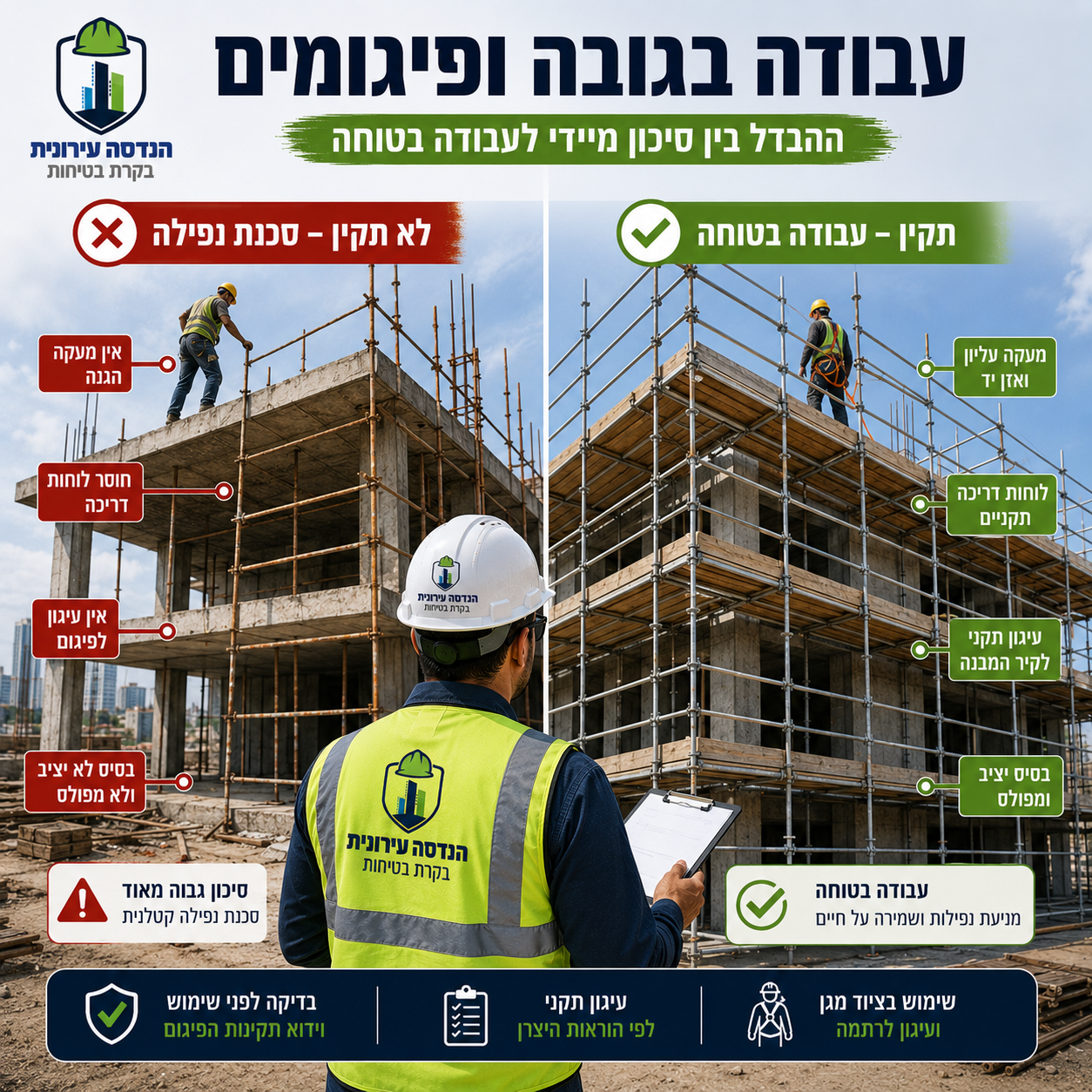עבודה בגובה ופיגומים — ההבדל בין תקין (עבודה בטוחה) ללא תקין (סכנת נפילה)