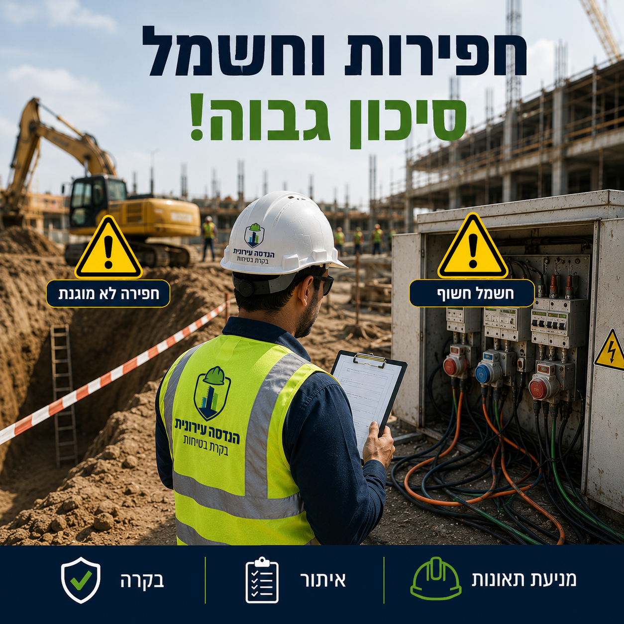 חפירות וחשמל — סיכון גבוה: חפירה לא מוגנת וחשמל חשוף — בקר בטיחות מתעד ומזהה