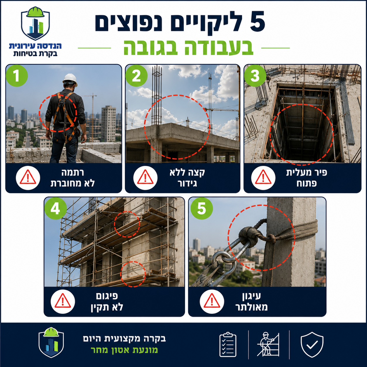 5 ליקויים נפוצים בעבודה בגובה: רתמה לא מחוברת, קצה ללא גידור, פיר פתוח, פיגום לא תקין, עיגון מאולתר