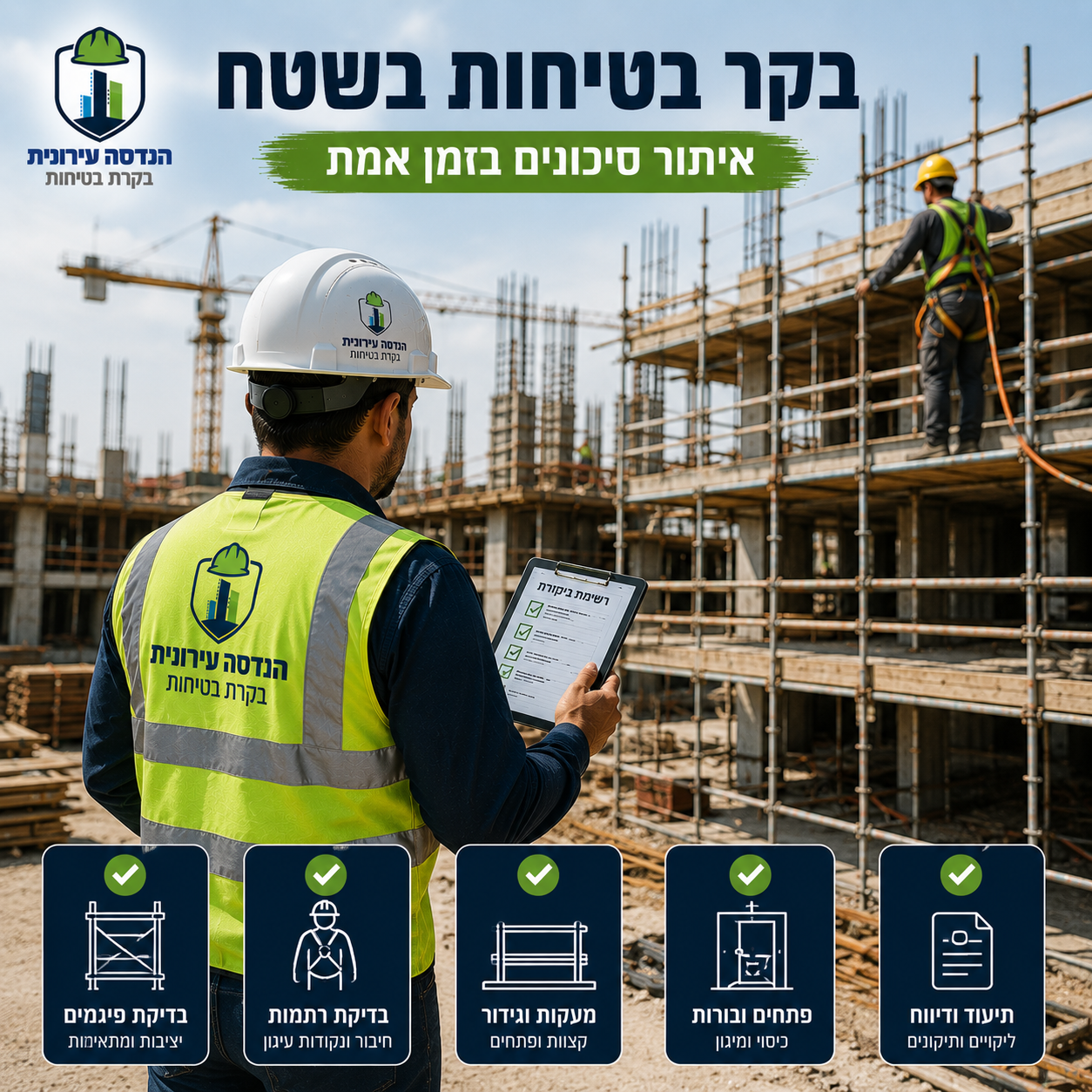 בקר בטיחות על קומה גבוהה עם טאבלט — ניהול סיכונים ותיעוד ליזם