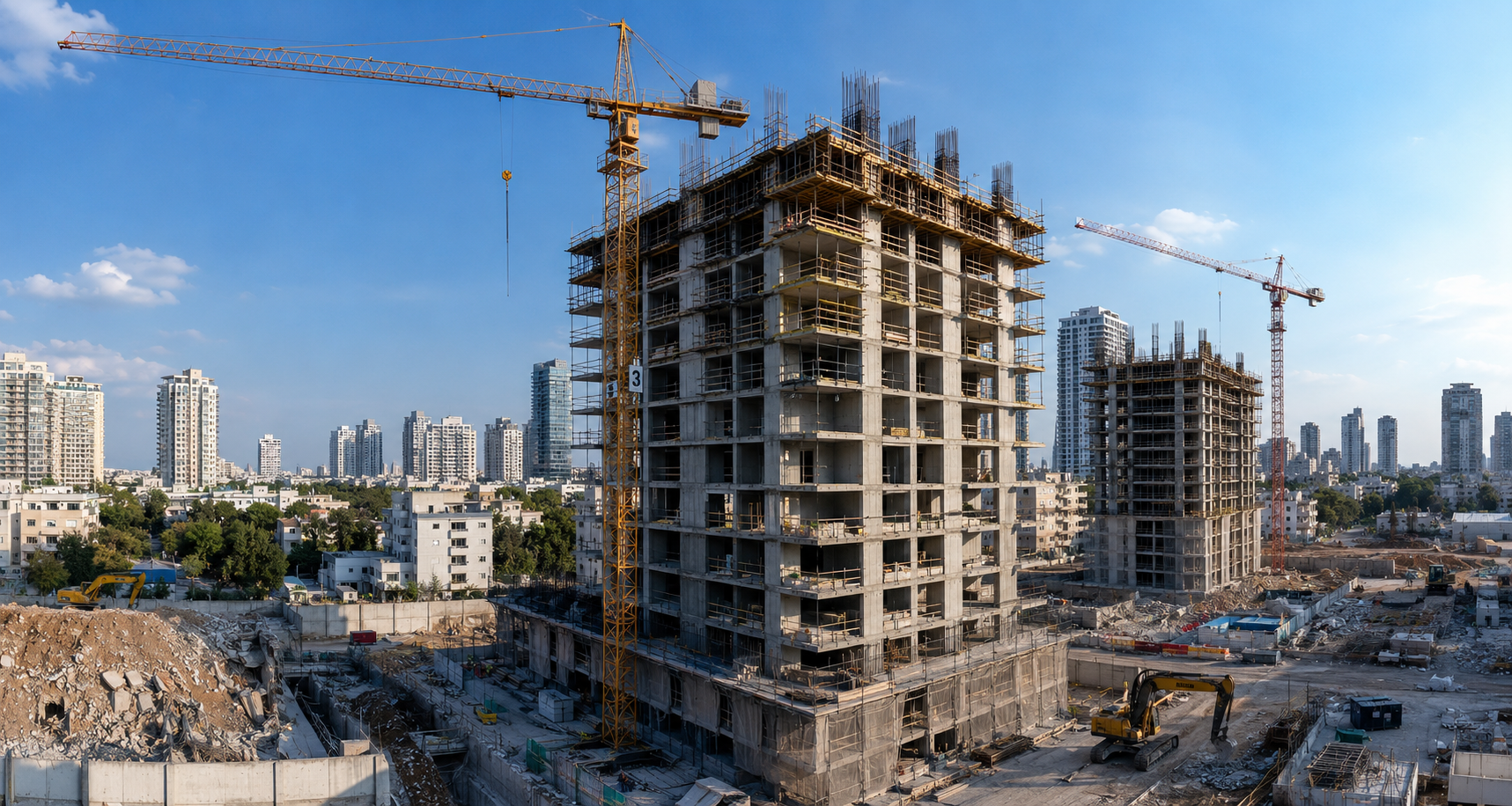 אתר פינוי בינוי — צילום אווירי של מגדל מגורים בבנייה