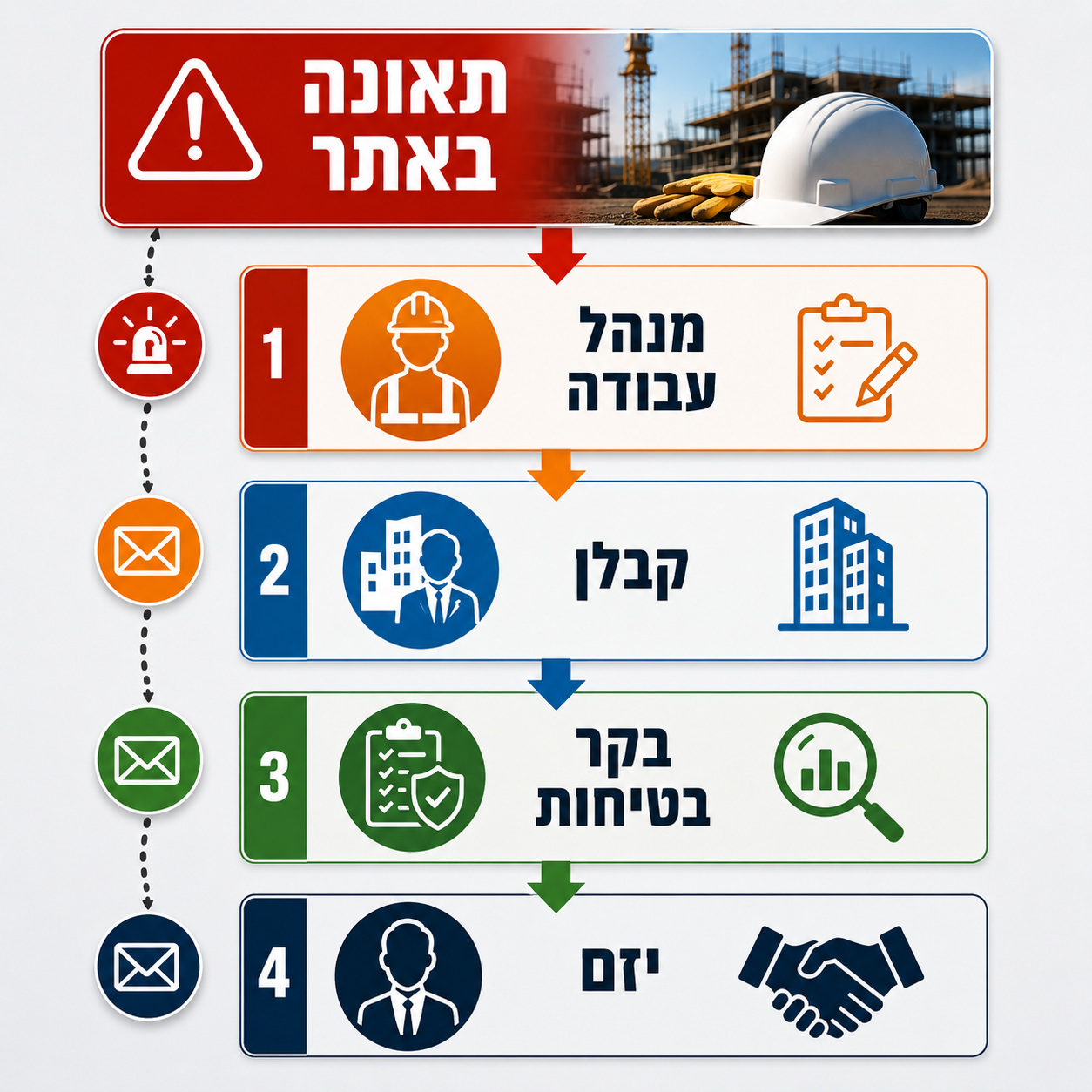 שרשרת הדיווח בעת תאונה באתר בנייה — מנהל עבודה, קבלן, בקר בטיחות והיזם