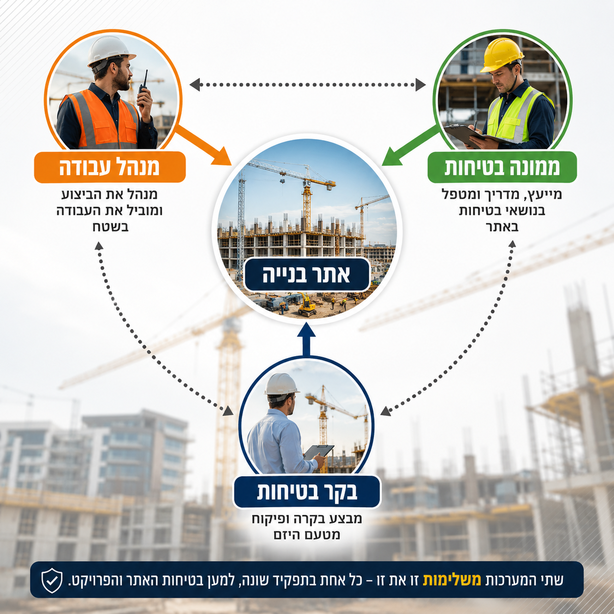 דיאגרמת 3 תפקידי בטיחות באתר הבנייה: מנהל עבודה, ממונה בטיחות ובקר בטיחות — שתי מערכות משלימות