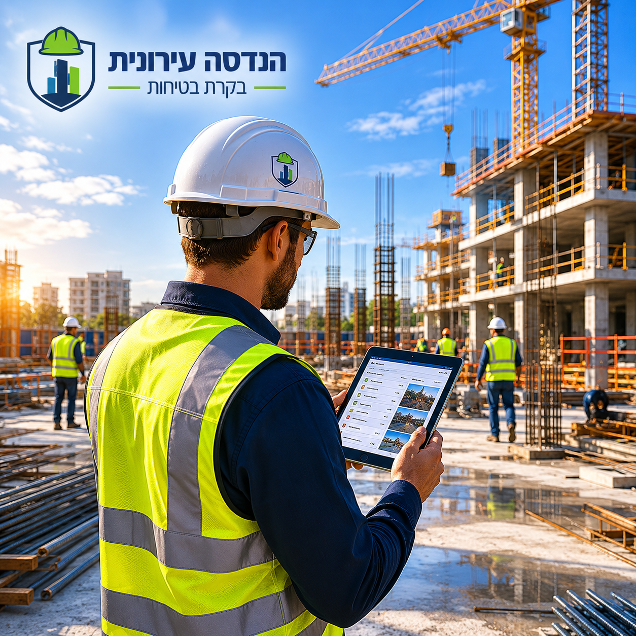 בקר בטיחות עם טאבלט באתר בנייה — הנדסה עירונית
