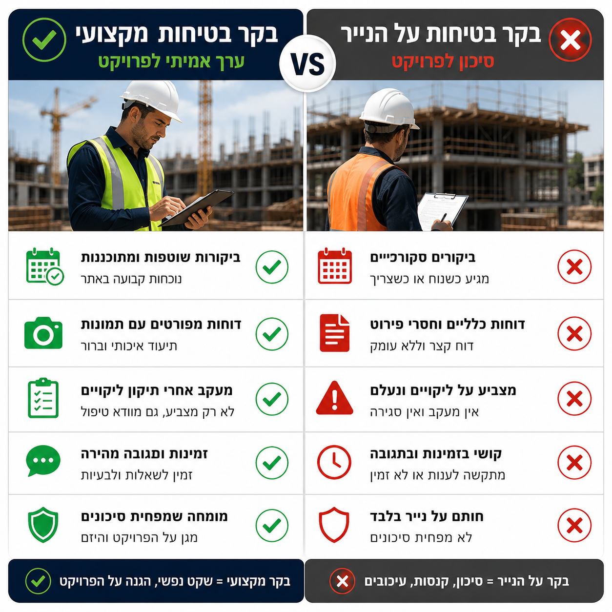 בקר בטיחות מקצועי לעומת בקר בטיחות על הנייר — השוואה מלאה