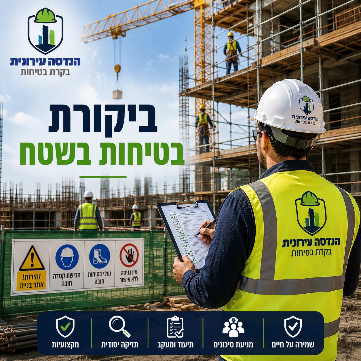 ביקורת בטיחות בשטח — בקר עם לוח בדיקות באתר בנייה פעיל