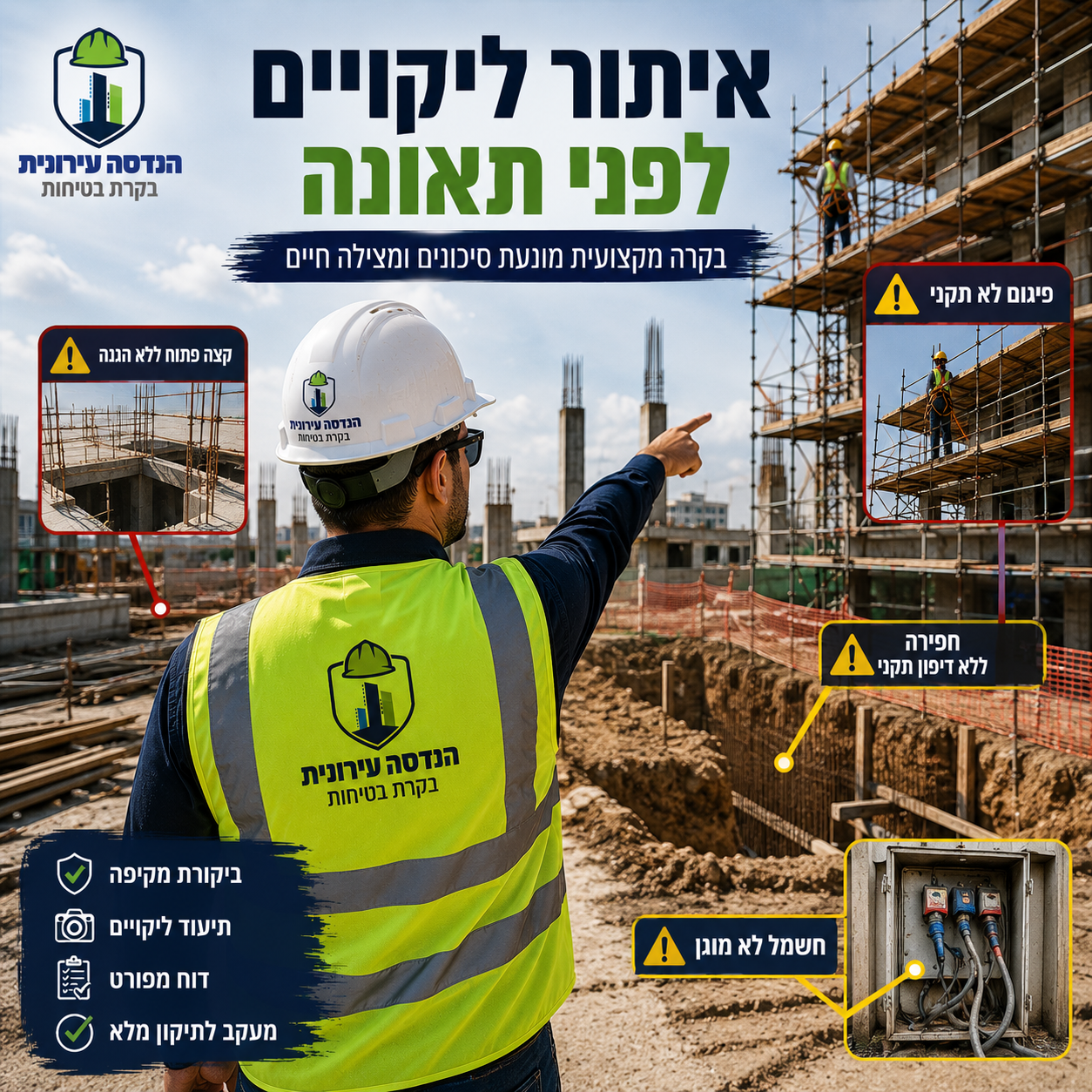 איתור ליקויים לפני תאונה — בקר בטיחות מצביע על ליקויים: קצה פתוח ללא הגנה, פיגום לא תקני, חפירה ללא דיפון, חשמל לא מוגן