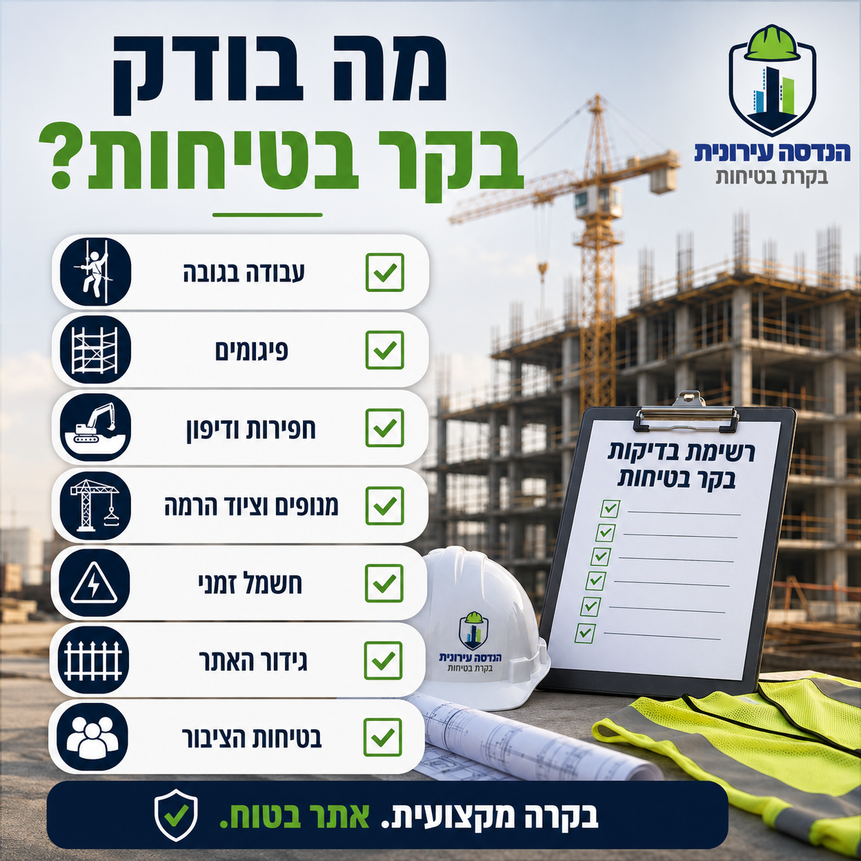 מה בודק בקר בטיחות — רשימת 7 תחומי הבדיקה: עבודה בגובה, פיגומים, חפירות, מנופים, חשמל, גידור, ציבור
