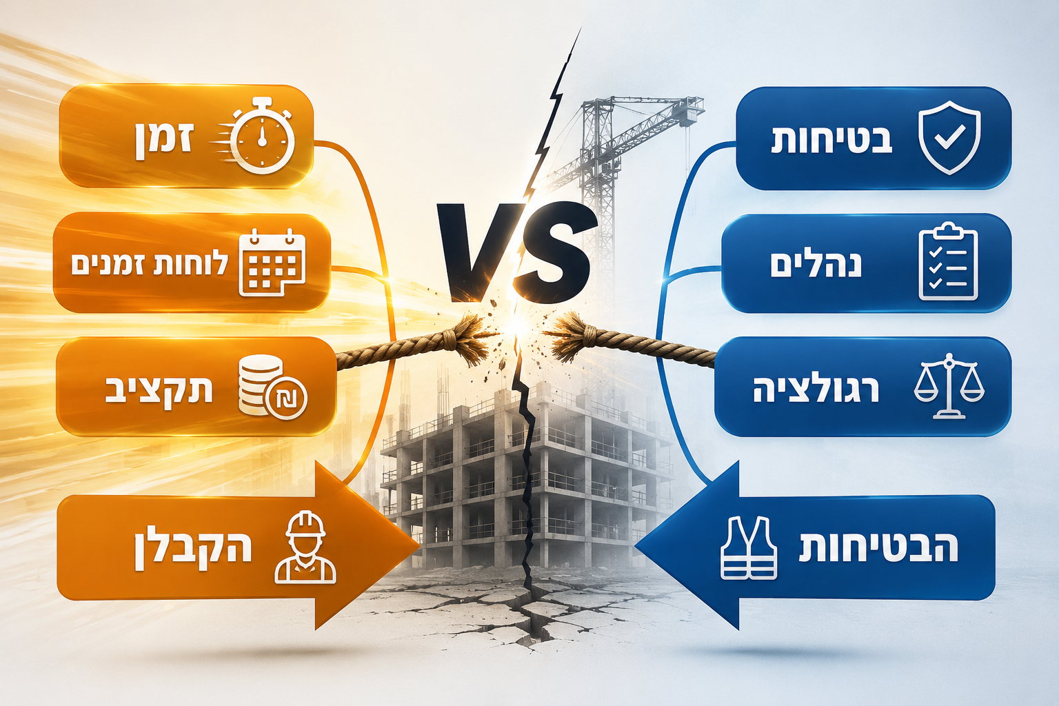 ניגוד העניינים באתר בנייה — זמן ותקציב (הקבלן) מול בטיחות ורגולציה (היזם)