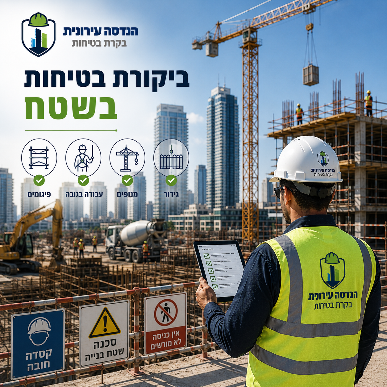 ביקורת בטיחות בשטח בגוש דן — בדיקת פיגומים, עבודה בגובה, מנופים וגידור