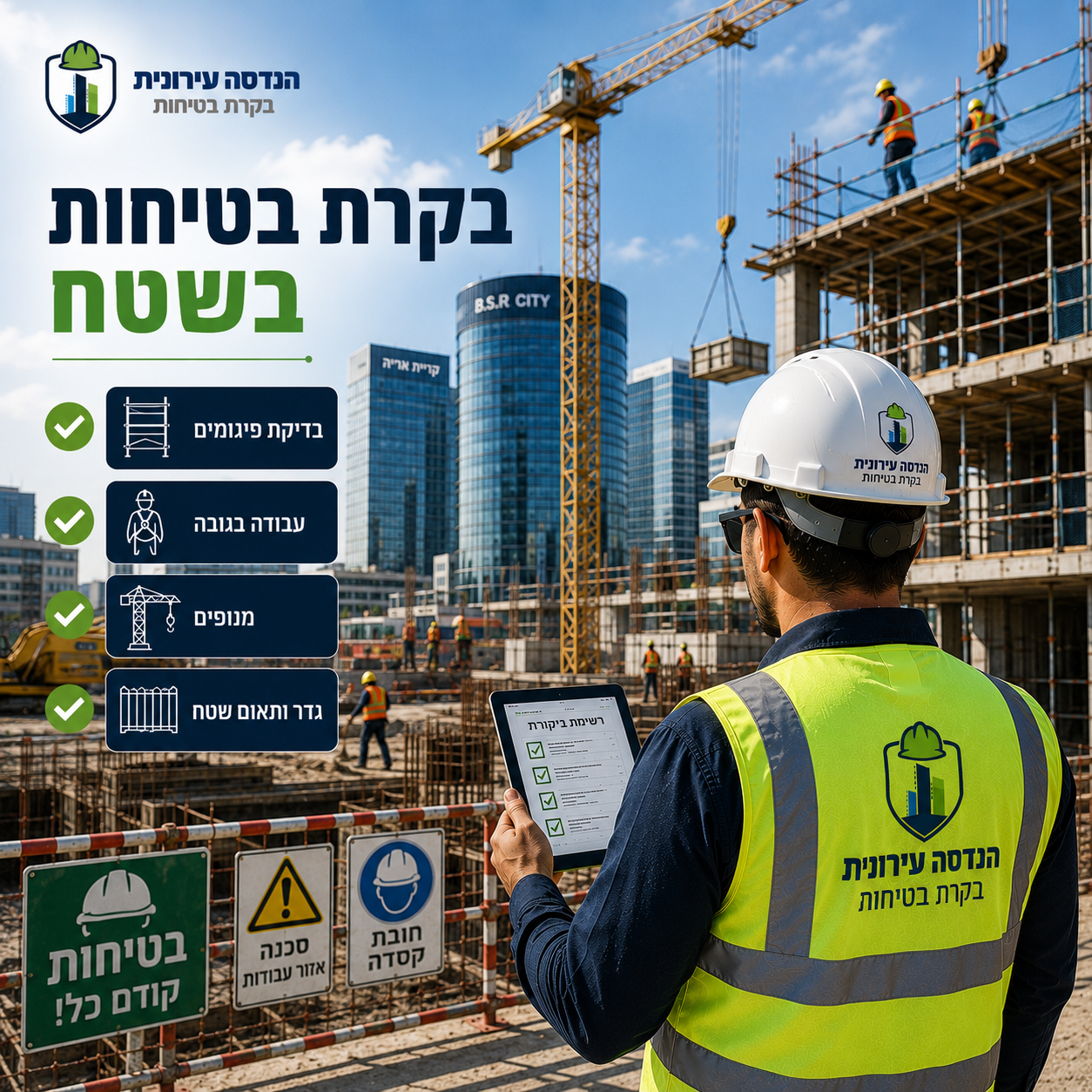 בקרת בטיחות בשטח בפתח תקווה — בדיקת פיגומים, עבודה בגובה, מנופים וגידור